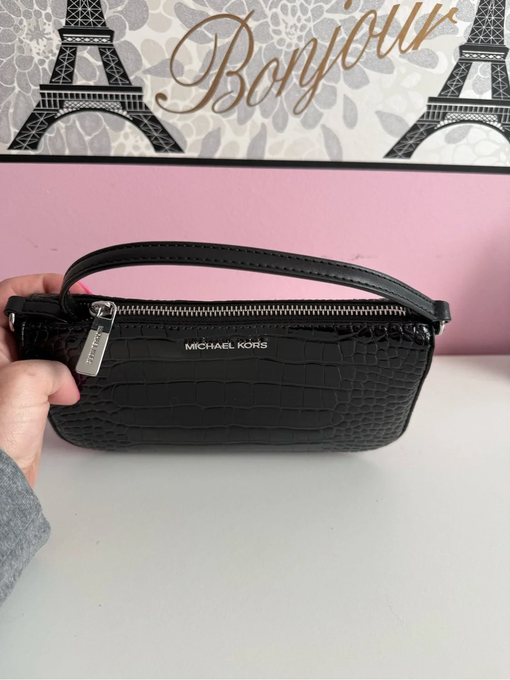Michael Kors Black Croc-Embossed Mini Top-Handle Bag